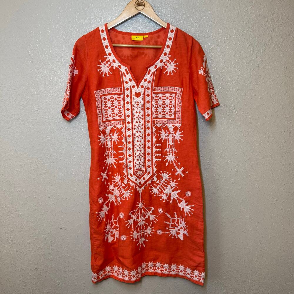 Roberta Roller Rabbit Dress 100% Linen Embroidered Short Sleeve Orange Size XS - Picture 11 of 12